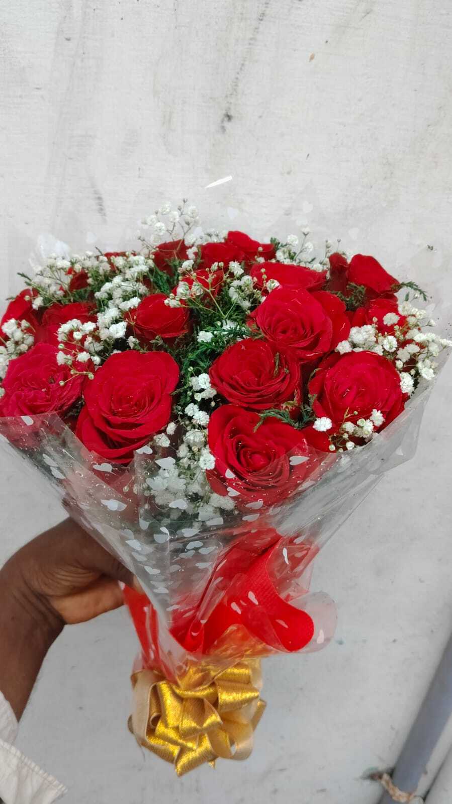 Romantic Red Roses with Gypsophila Filler Flowers Hand Bouquet