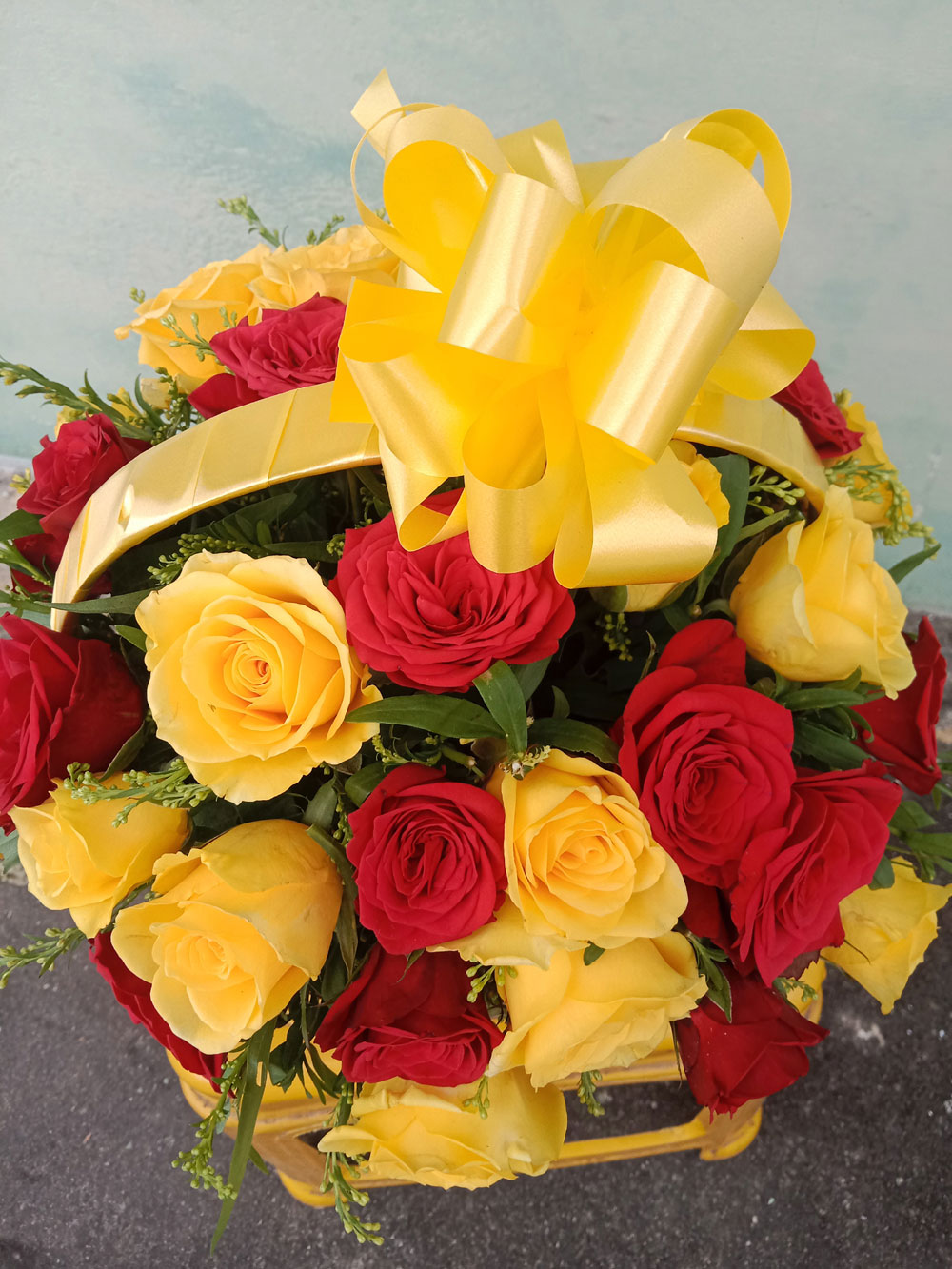 Elegant Red &amp; Yellow Rose Basket with Premium Ribbon