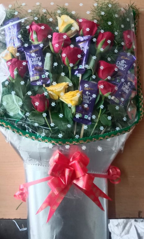 Fresh Red Roses with Cadbury Dairy Milk Chocolates – One-Side Chart Paper Bouquet Arrangement