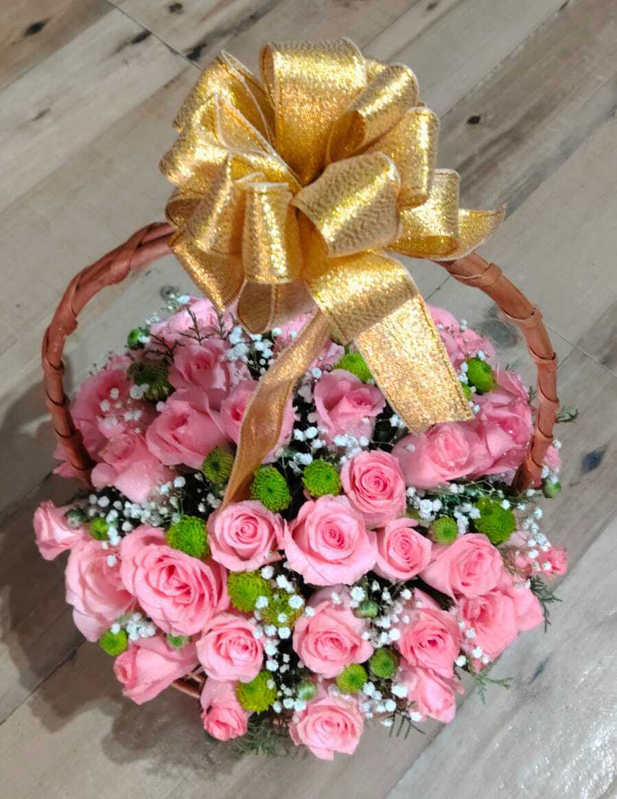 Baby Pink Rose Basket Arrangement with Green Button Chrysanthemum and Gypsophila