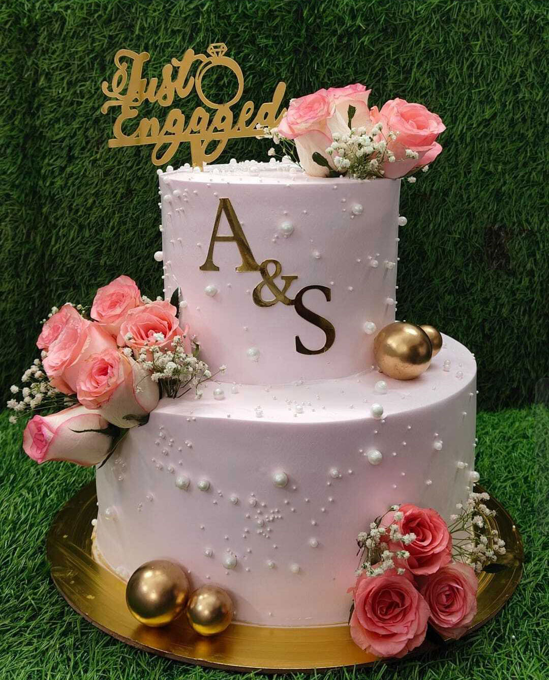 Elegant Two Tier Engagement Cake with Pink Roses and Just Engaged Topper
