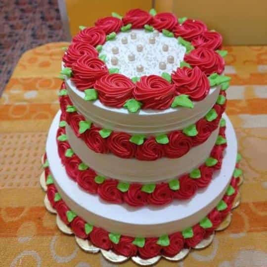 Elegant Three Tier Red Rose Design Celebration Cake