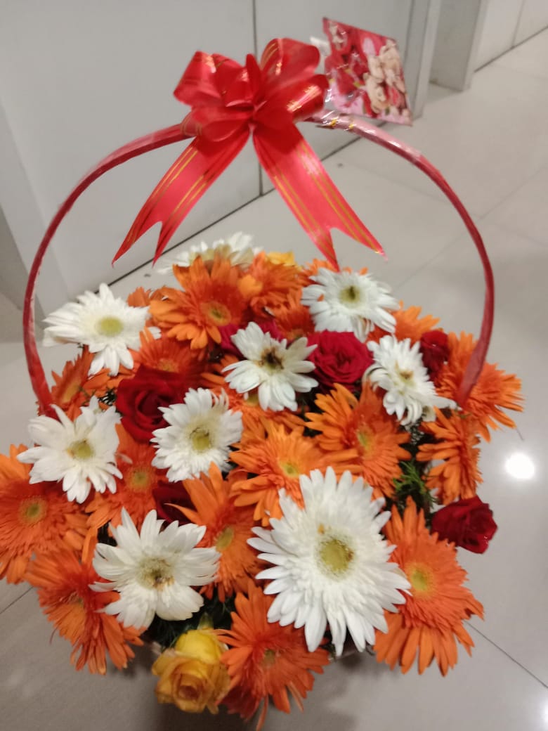 Orange White Gerbera and Red Rose Flower Basket Arrangement