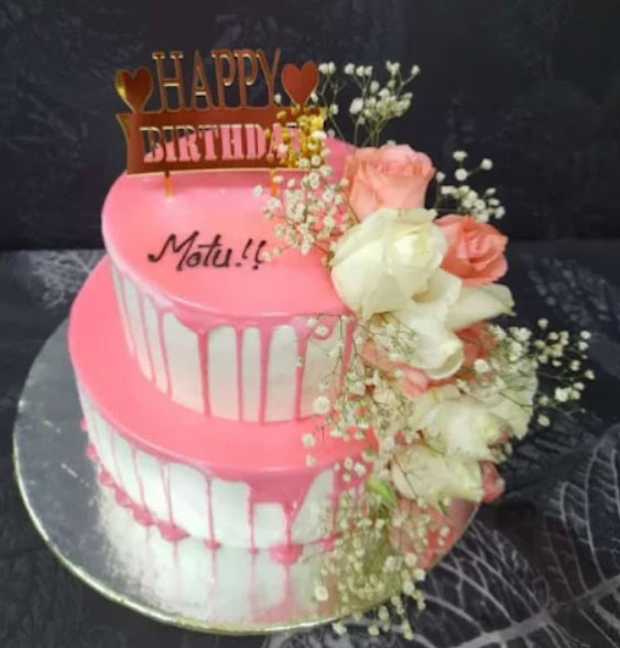 Pink Floral Drip Birthday Cake