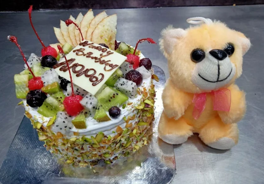 Fresh Fruit &amp; Nut Topped Cake with Teddy Bear Gift Combo