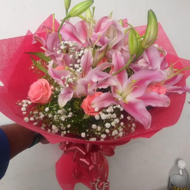 Pink Oriental Lily and Pink Rose Hand Bouquet